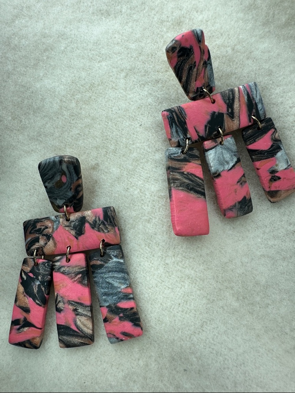 Bright Candy Pink Black Polymer Clay Marble Dangle Earrings